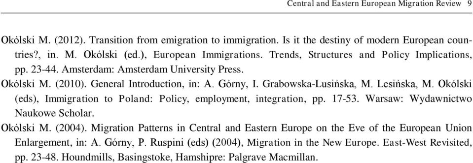 Grabowska-Lusińska, M. Lesińska, M. Okólski (eds), Immigration to Poland: Policy, employment, integration, pp. 17-53. Warsaw: Wydawnictwo Naukowe Scholar. Okólski M. (2004).
