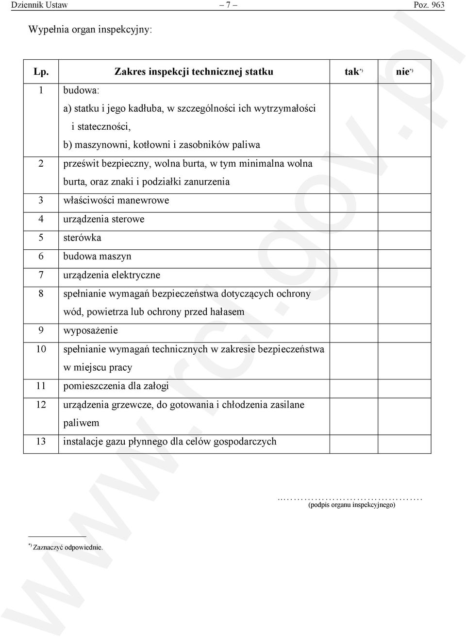 wolna burta, w tym minimalna wolna burta, oraz znaki i podziałki zanurzenia 3 właściwości manewrowe 4 urządzenia sterowe 5 sterówka 6 budowa maszyn 7 urządzenia elektryczne 8 spełnianie wymagań