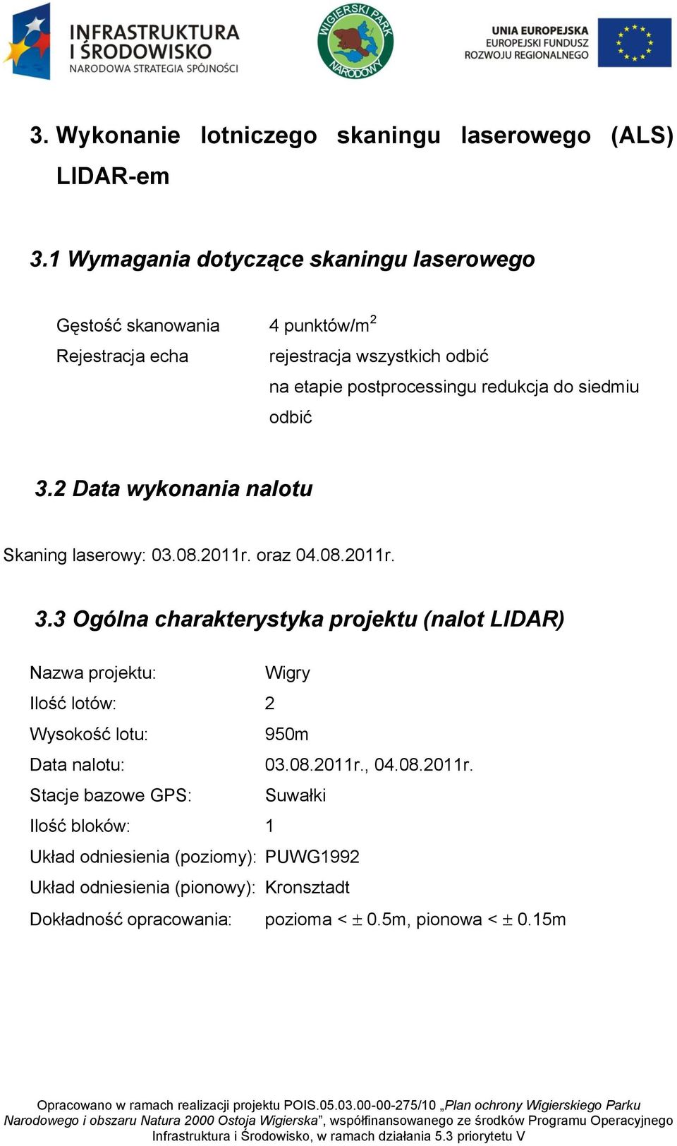 do siedmiu odbić 3.2 Data wykonania nalotu Skaning laserowy: 03.08.2011r. oraz 04.08.2011r. 3.3 Ogólna charakterystyka projektu (nalot LIDAR) Nazwa projektu: Wigry Ilość lotów: 2 Wysokość lotu: 950m Data nalotu: 03.