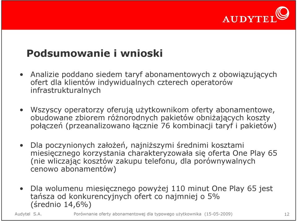 najniŝszymi średnimi kosztami miesięcznego korzystania charakteryzowała się oferta One Play 65 (nie wliczając kosztów zakupu telefonu, dla porównywalnych cenowo abonamentów) Dla wolumenu