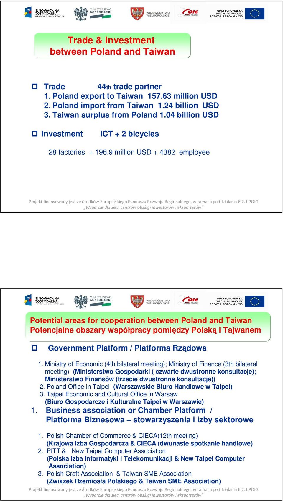 9 million USD + 4382 employee Potential areas for cooperation between Poland and Taiwan Potencjalne obszary współpracy pomiędzy Polską i Tajwanem Government Platform / Platforma Rządowa 1.