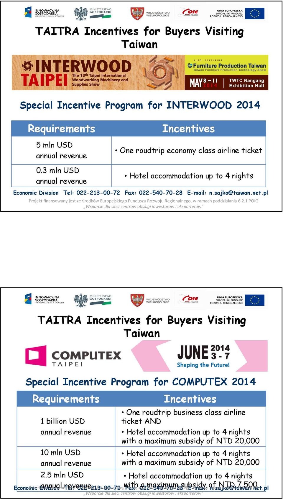 pl TAITRA Incentives for Buyers Visiting Taiwan Special Incentive Program for COMPUTEX 2014 Requirements 1 billion USD annual revenue 10 mln USD annual revenue 2.