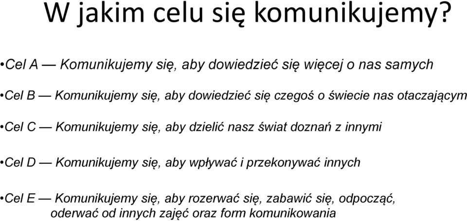 dowiedzieć się czegoś o świecie nas otaczającym Cel C Komunikujemy się, aby dzielić nasz świat