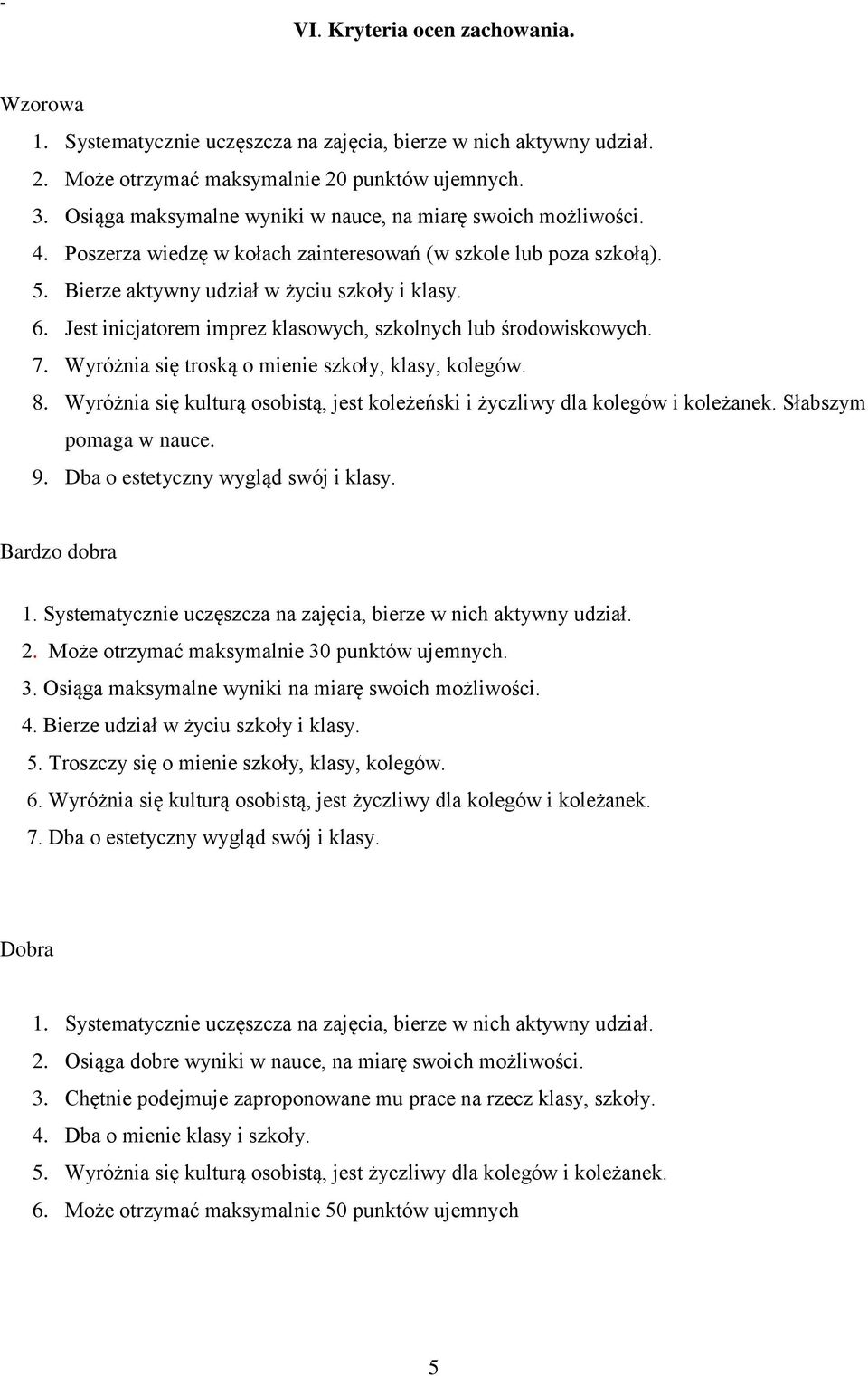 Jest inicjatorem imprez klasowych, szkolnych lub środowiskowych. 7. Wyróżnia się troską o mienie szkoły, klasy, kolegów. 8.