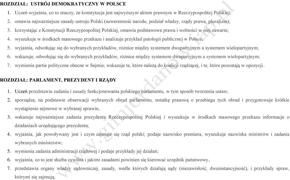 korzystając z Konstytucji Rzeczypospolitej Polskiej, omawia podstawowe prawa i wolności w niej zawarte; 4. wyszukuje w środkach masowego przekazu i analizuje przykład patologii publicznej w Polsce, 5.