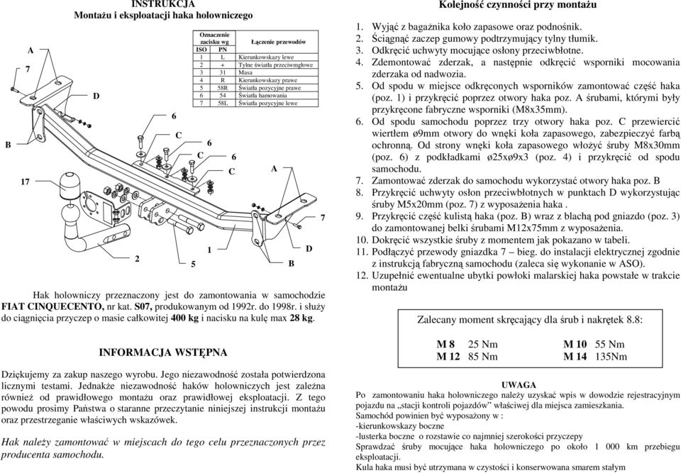 i słuŝy do ciągnięcia przyczep o masie całkowitej 400 kg i nacisku na kulę max 28 kg. INFORMJ WSTĘPN ziękujemy za zakup naszego wyrobu. Jego niezawodność została potwierdzona licznymi testami.