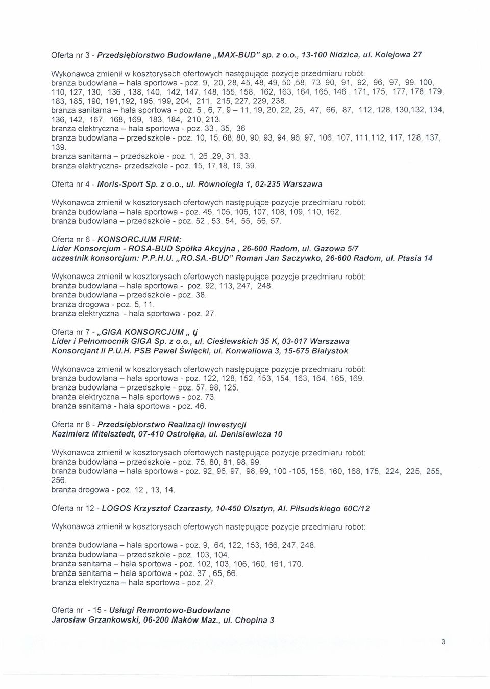 215,227,229,238. branża sanitarna - hala sportowa - poz. 5,6,7,9-11,19,20,22,25, 47, 66, 87, 112,128,130,132,134, 136,142, 167, 168,169, 183,184, 210,213. branża elektryczna - hala sportowa - poz.