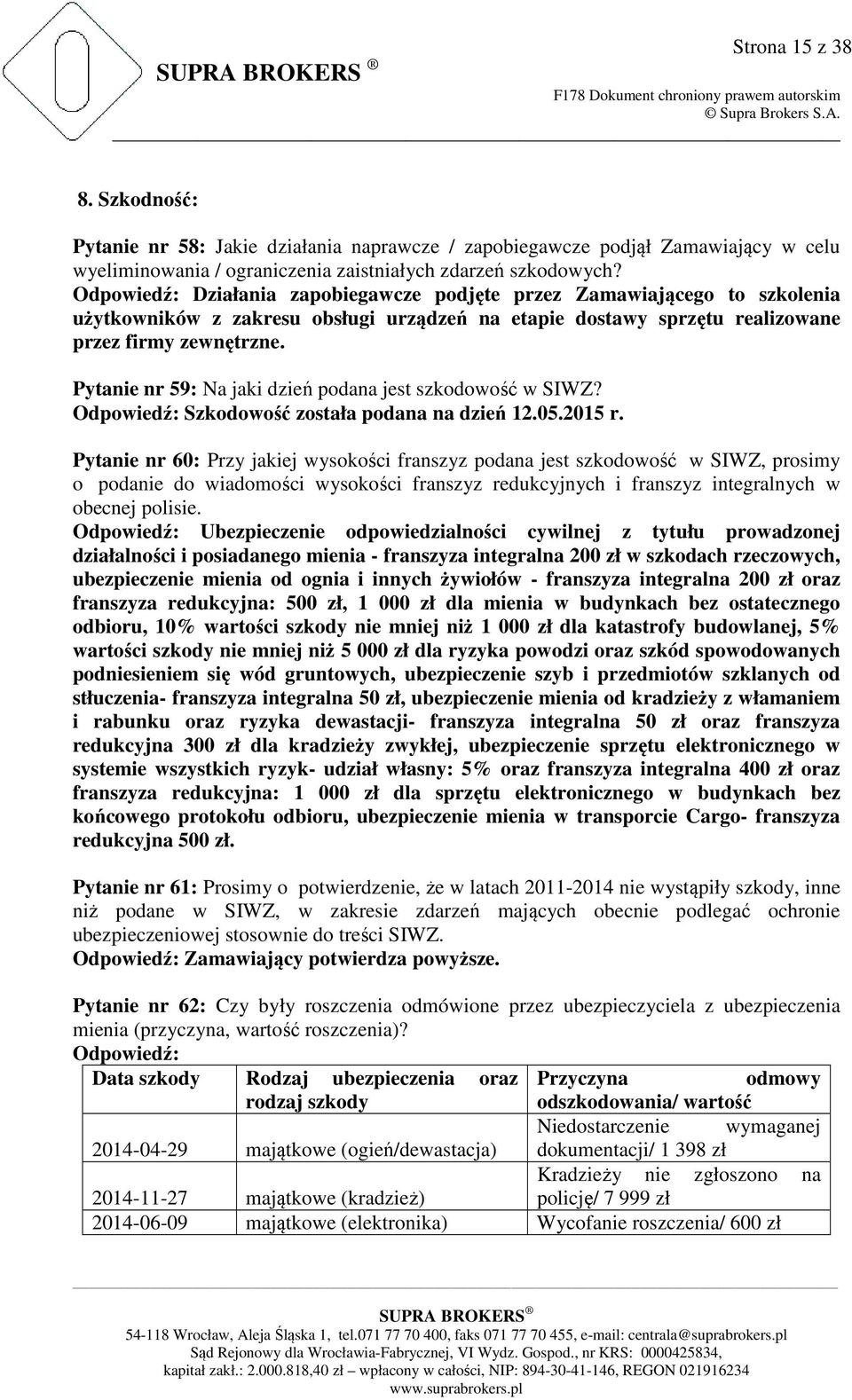 Pytanie nr 59: Na jaki dzień podana jest szkodowość w SIWZ? Odpowiedź: Szkodowość została podana na dzień 12.05.2015 r.