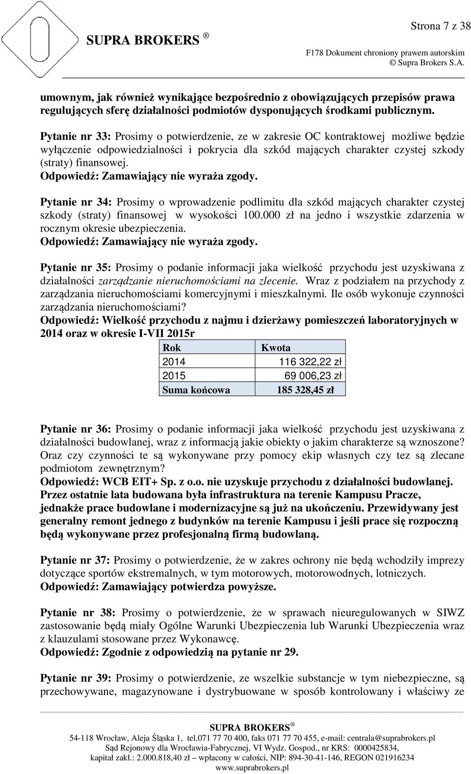 Pytanie nr 34: Prosimy o wprowadzenie podlimitu dla szkód mających charakter czystej szkody (straty) finansowej w wysokości 100.000 zł na jedno i wszystkie zdarzenia w rocznym okresie ubezpieczenia.