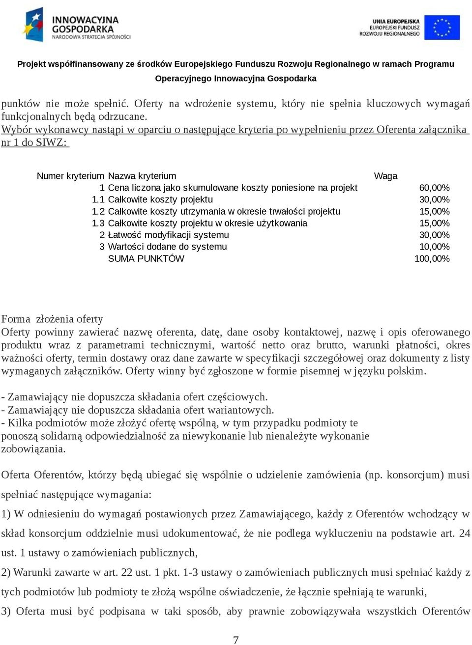 na projekt 60,00% 1.1 Całkowite koszty projektu 30,00% 1.2 Całkowite koszty utrzymania w okresie trwałości projektu 15,00% 1.