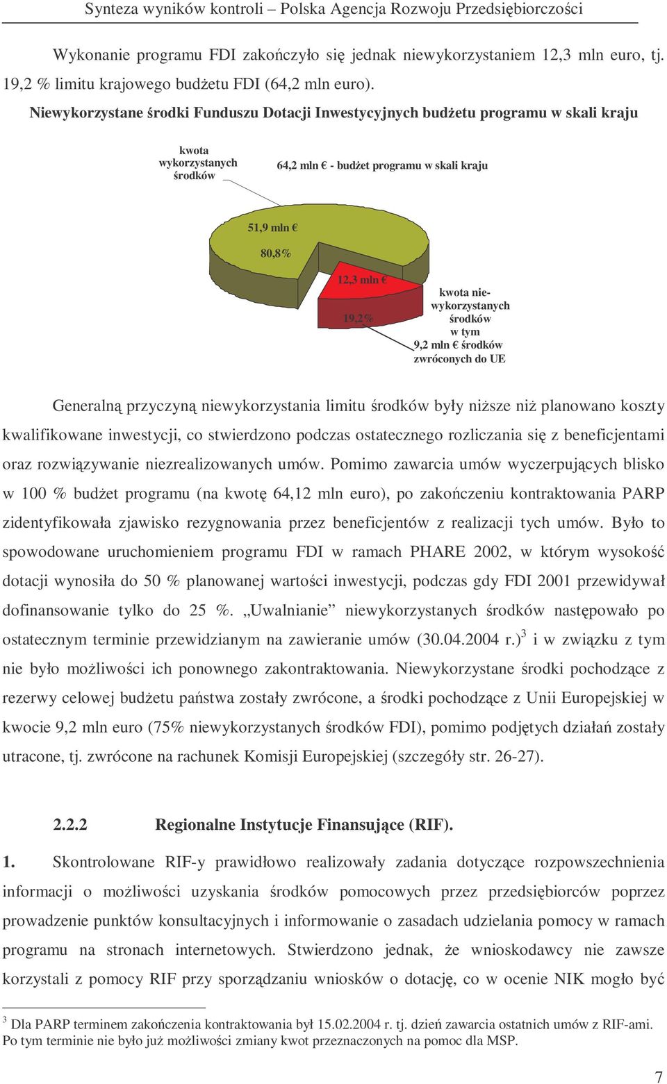 niewykorzystanych rodków w tym 9,2 mln rodków zwróconych do UE Generaln przyczyn niewykorzystania limitu rodków były nisze ni planowano koszty kwalifikowane inwestycji, co stwierdzono podczas