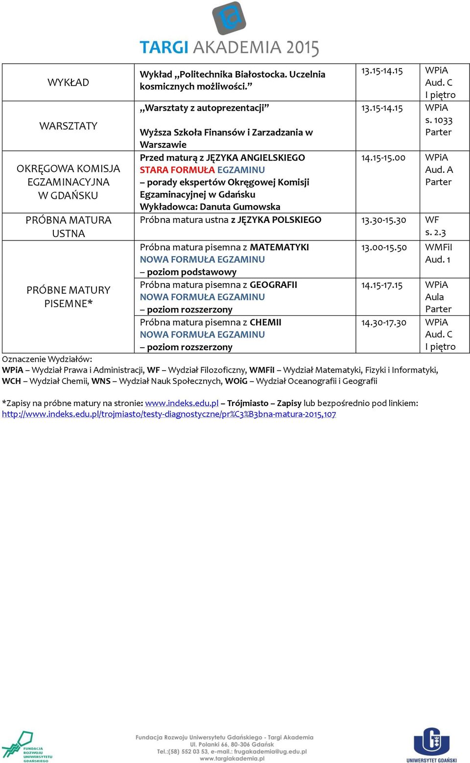 30-15.30 WF s. 2.3 Próbna matura pisemna z MATEMATYKI poziom podstawowy Próbna matura pisemna z GEOGRAFII Próbna matura pisemna z CHEMII 13.00-15.50 WMFiI Aud. 1 14.15-17.15 WPiA 14.30-17.