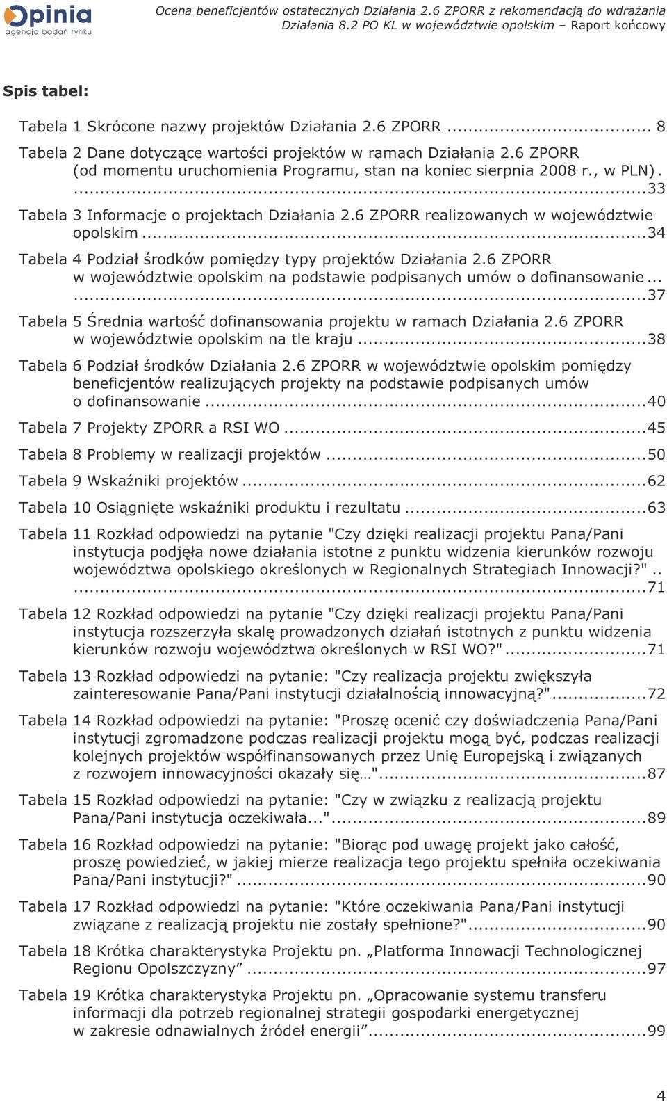 ..34 Tabela 4 Podział środków pomiędzy typy projektów Działania 2.6 ZPORR w województwie opolskim na podstawie podpisanych umów o dofinansowanie.