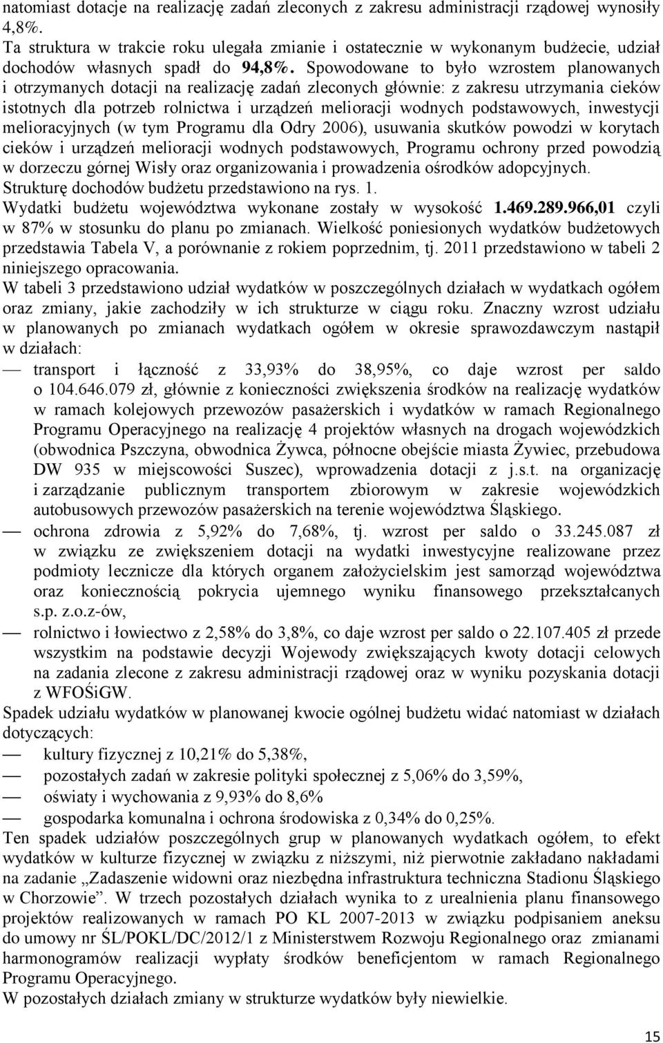 Spowodowane to było wzrostem planowanych i otrzymanych dotacji na realizację zadań zleconych głównie: z zakresu utrzymania cieków istotnych dla potrzeb rolnictwa i urządzeń melioracji wodnych