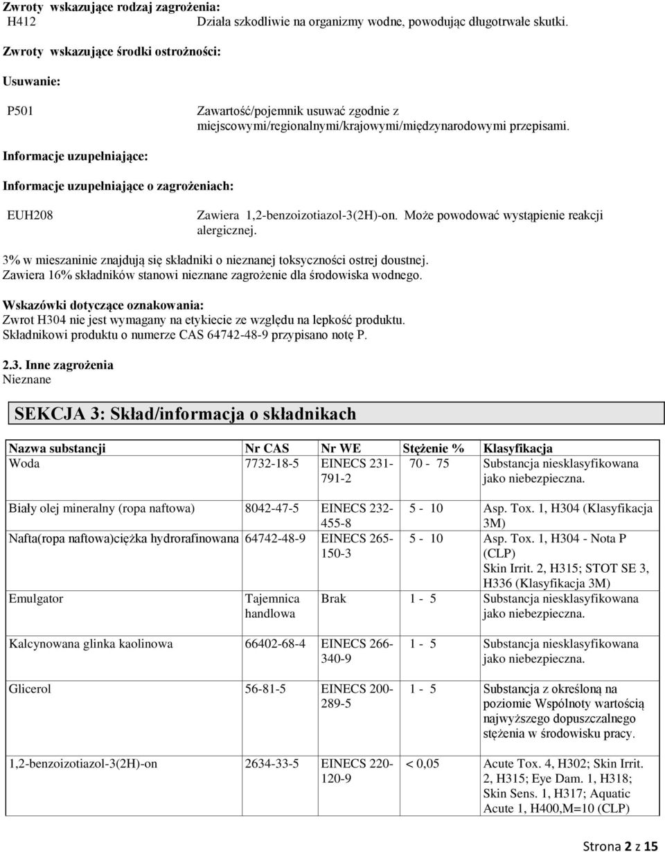 Informacje zpełniające: Informacje zpełniające o zagrożeniach: EUH208 Zawiera 1,2-benzoizotiazol-3(2H)-on. Może powodoć wystąpienie reakcji alergicznej.