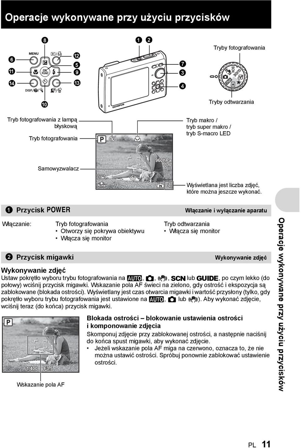 1 Przycisk o Włączanie i wyłączanie aparatu Włączanie: 2 Przycisk migawki Tryb fotografowania Otworzy się pokrywa obiektywu Włącza się monitor Tryb odtwarzania Włącza się monitor Wykonywanie zdjęć