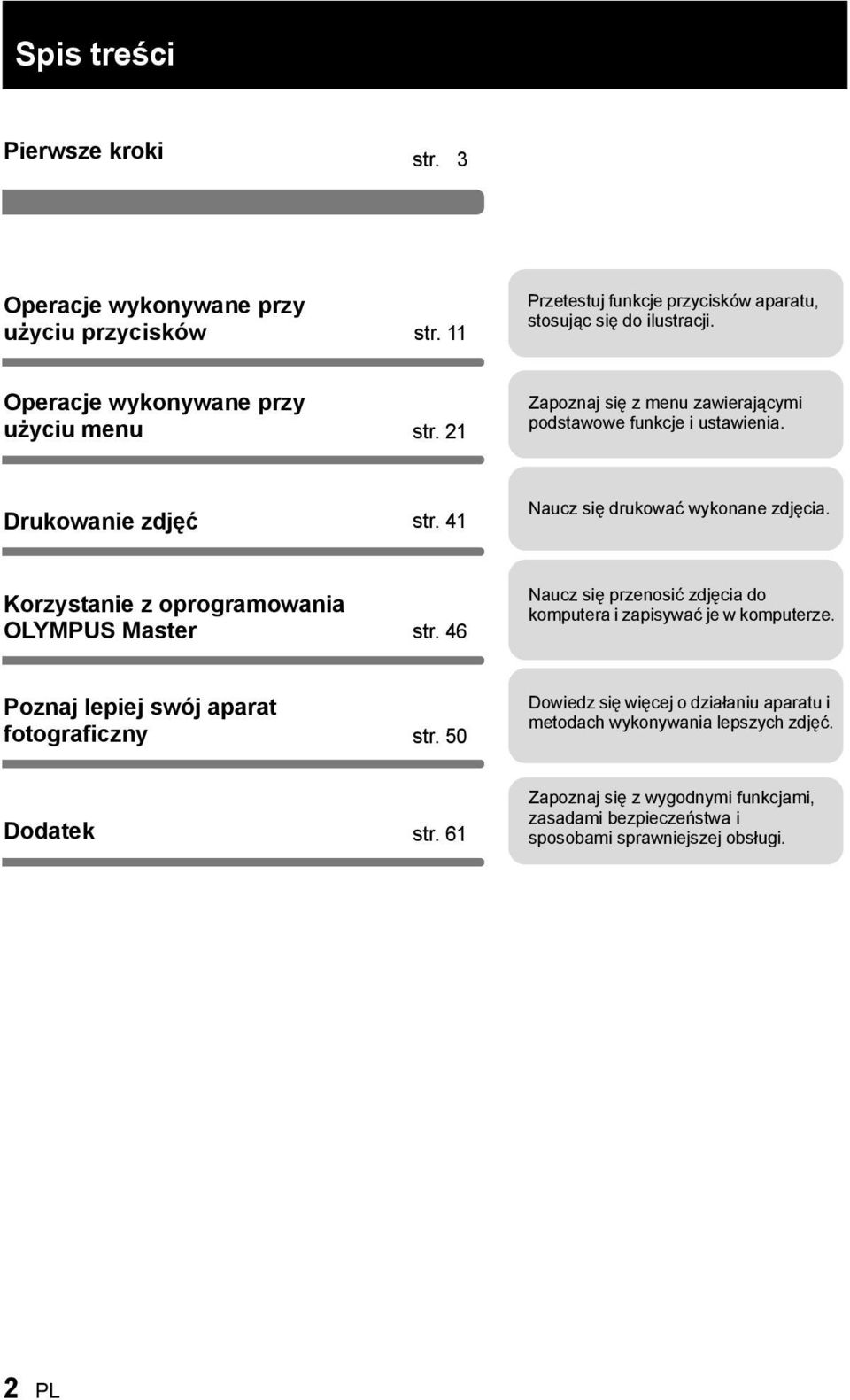 Korzystanie z oprogramowania OLYMPUS Master str. 46 Naucz się przenosić zdjęcia do komputera i zapisywać je w komputerze. Poznaj lepiej swój aparat fotograficzny str.