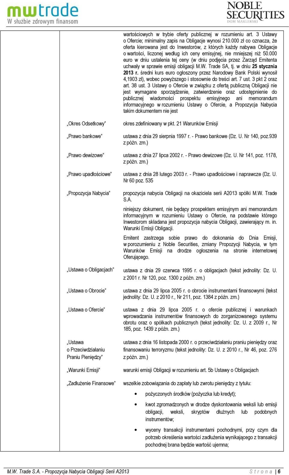 000 euro w dniu ustalenia tej ceny (w dniu podjęcia przez Zarząd Emitenta uchwały w sprawie emisji obligacji M.W. Trade SA, tj. w dniu 25 stycznia 2013 r.