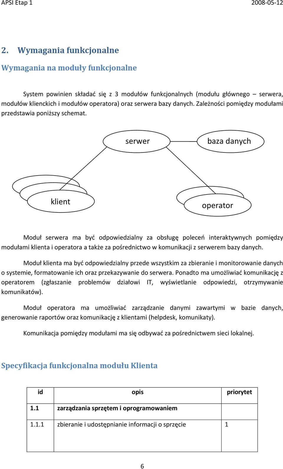 serwer baza danych klient operator Moduł serwera ma byd odpowiedzialny za obsługę poleceo interaktywnych pomiędzy modułami klienta i operatora a także za pośrednictwo w komunikacji z serwerem bazy