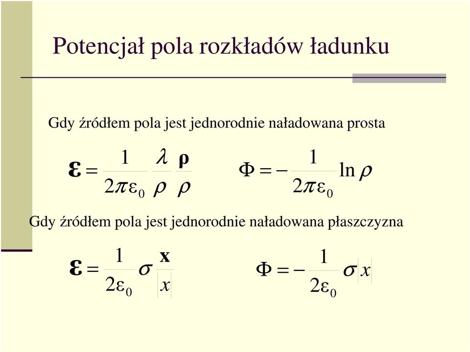 ln ρ 2π ρ ρ 2πε ε 0 0 Gdy źródłem pola jest