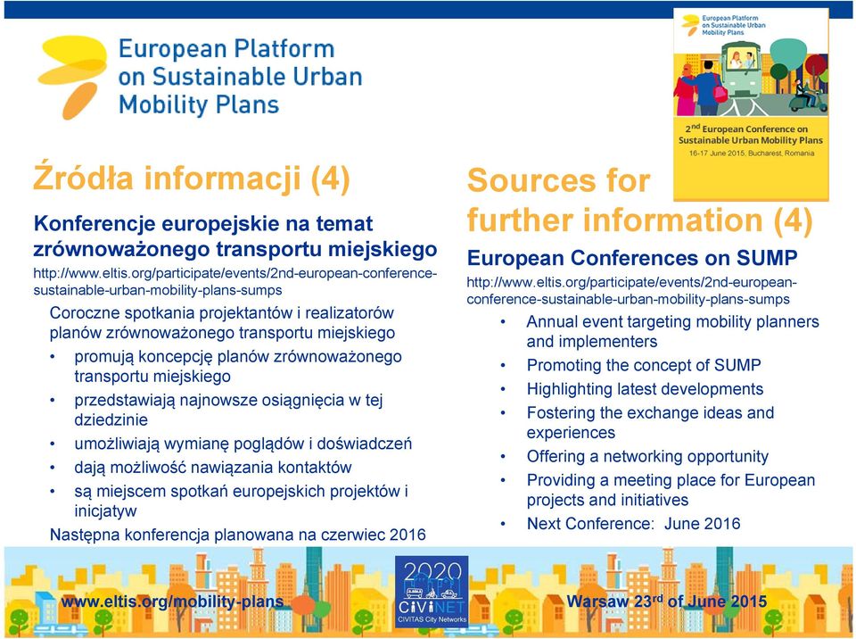 org/participate/events/2nd-european-conferencesustainable-urban-mobility-plans-sumps Coroczne spotkania projektantów i realizatorów planów zrównoważonego transportu miejskiego promują koncepcję