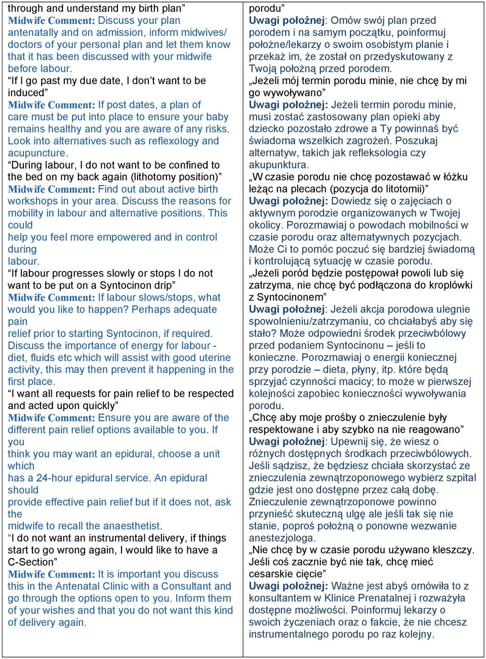 If I go past my due date, I don t want to be induced Midwife Comment: If post dates, a plan of care must be put into place to ensure your baby remains healthy and you are aware of any risks.