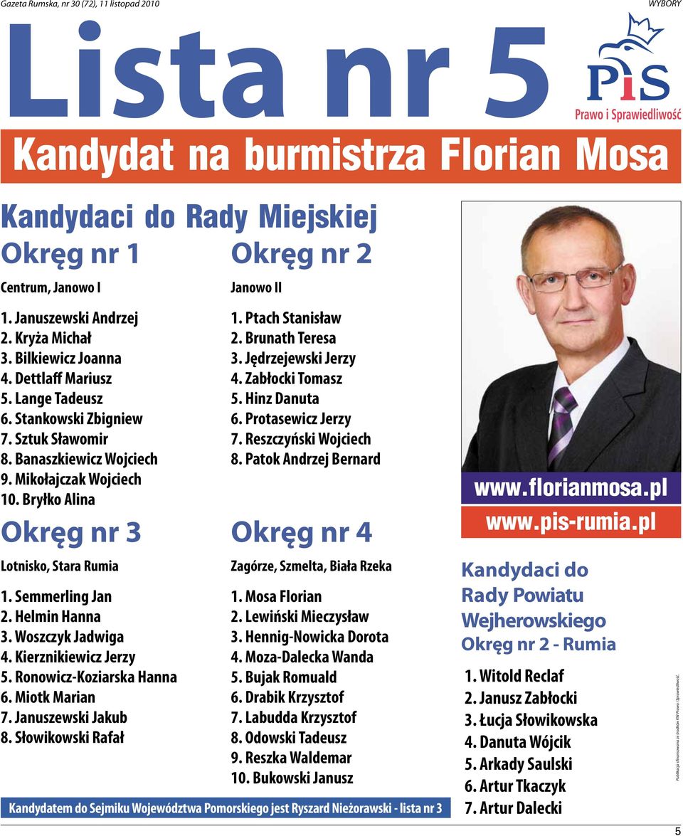 Jędrzejewski Jerzy 4. Zabłocki Tomasz 5. Hinz Danuta 6. Protasewicz Jerzy 7. Reszczyński Wojciech 8. Patok Andrzej Bernard Okręg nr 3 Okręg nr 4 Lotnisko, Stara Rumia 1. Semmerling Jan 2.