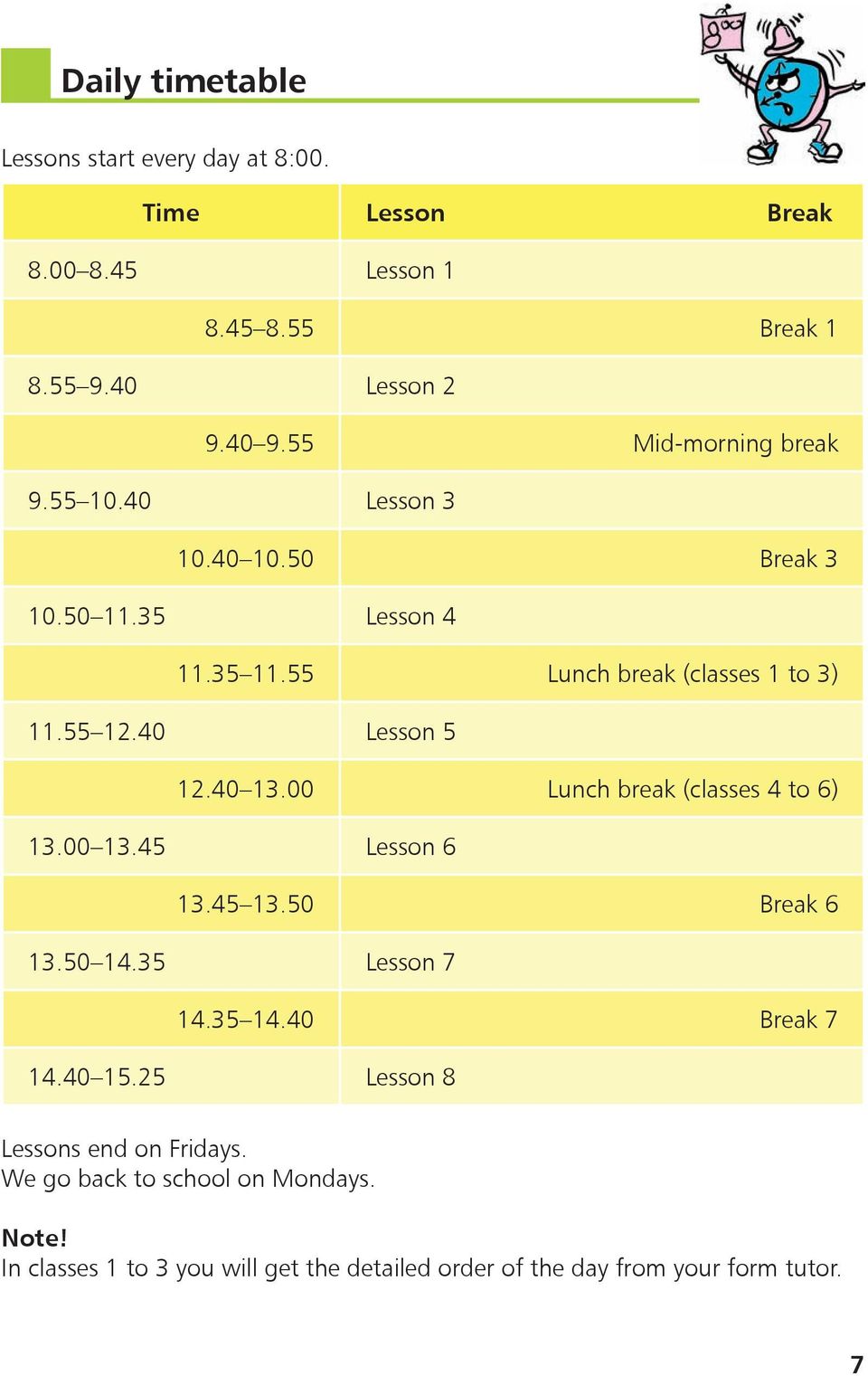 40 Lesson 5 12.40 13.00 Lunch break (classes 4 to 6) 13.00 13.45 Lesson 6 13.45 13.50 Break 6 13.50 14.35 Lesson 7 14.35 14.40 Break 7 14.