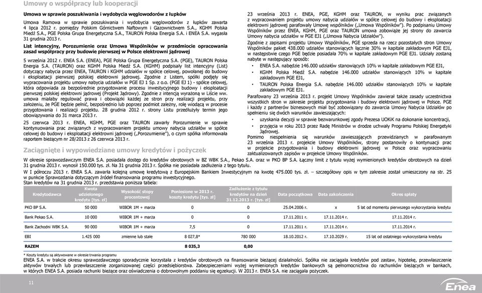 List intencyjny, Porozumienie oraz Umowa Wspólników w przedmiocie opracowania zasad współpracy przy budowie pierwszej w Polsce elektrowni jądrowej 5 września 2012 r. ENEA 