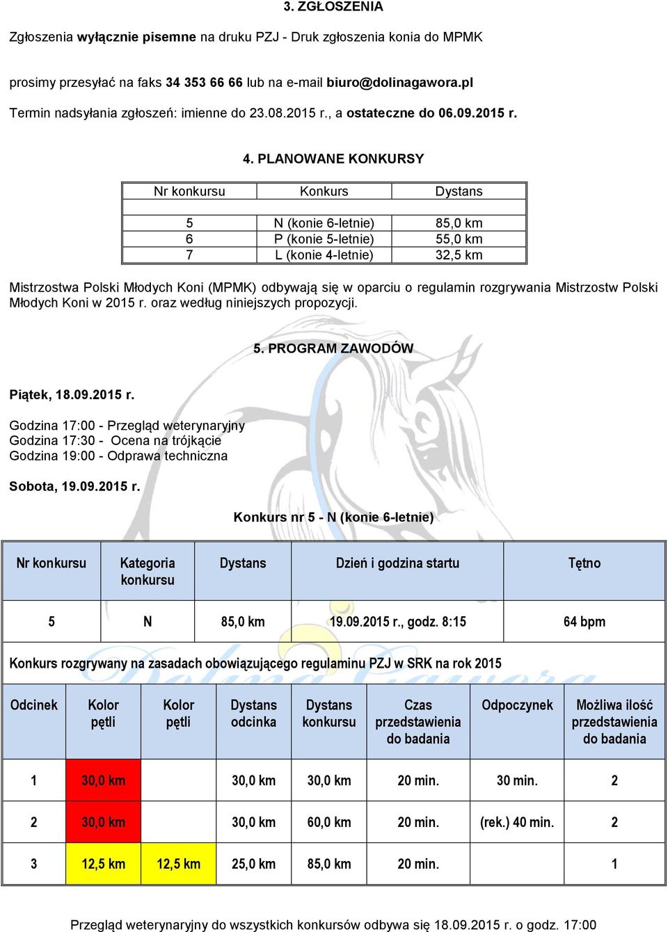 PLANOWANE KONKURSY Nr Konkurs 5 N (konie 6-letnie) 85,0 km 6 P (konie 5-letnie) 55,0 km 7 L (konie 4-letnie) 32,5 km Mistrzostwa Polski Młodych Koni (MPMK) odbywają się w oparciu o regulamin