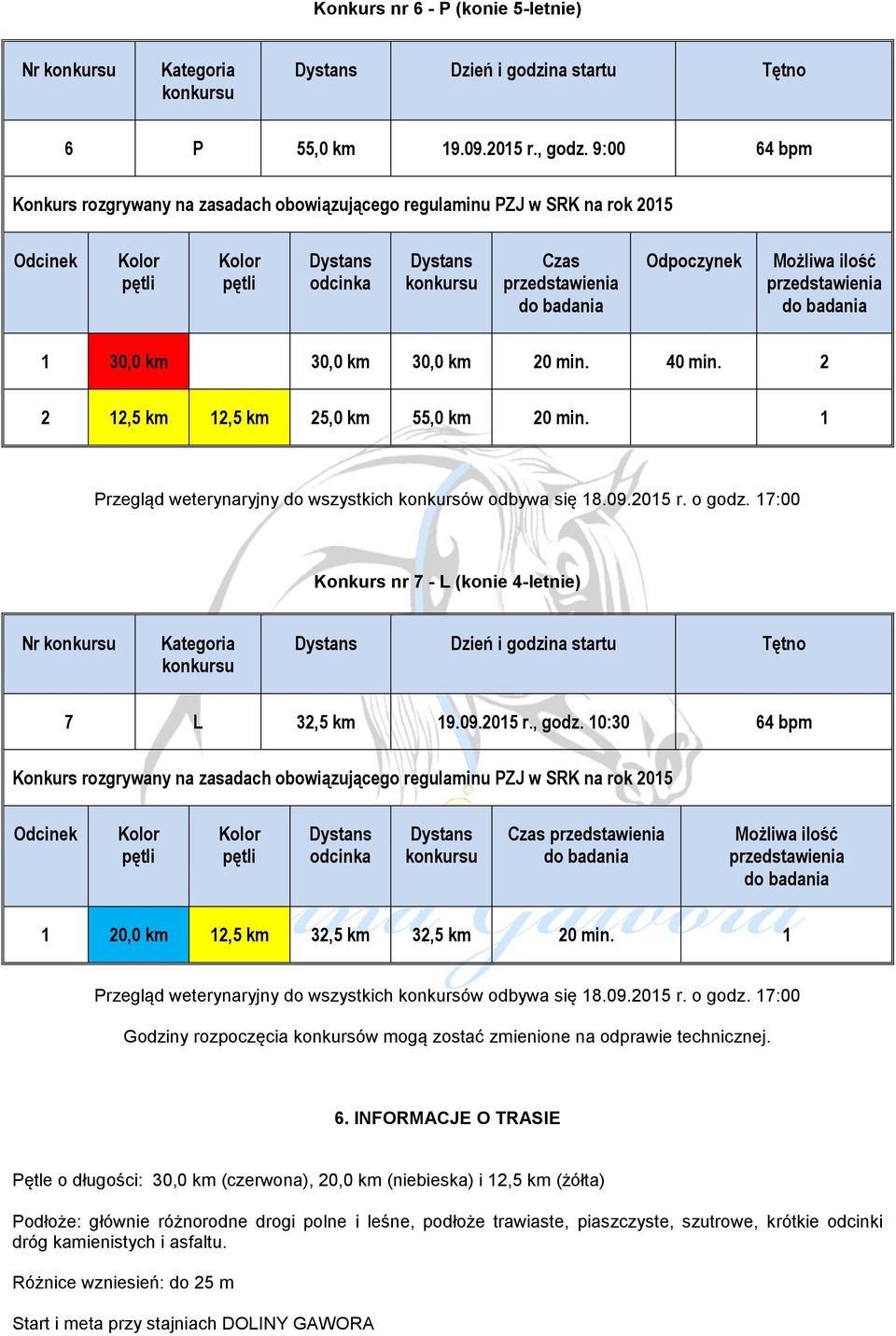 2 2 12,5 km 12,5 km 25,0 km 55,0 km 20 min. 1 Przegląd weterynaryjny do wszystkich konkursów odbywa się 18.09.2015 r. o godz.