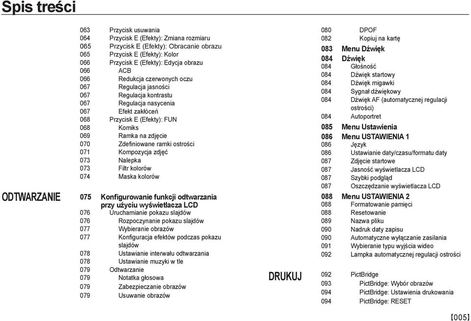 Zdefiniowane ramki ostrości 071 Kompozycja zdjęć 073 Nalepka 073 Filtr kolorów 074 Maska kolorów 075 Konfigurowanie funkcji odtwarzania przy użyciu wyświetlacza LCD 076 Uruchamianie pokazu slajdów