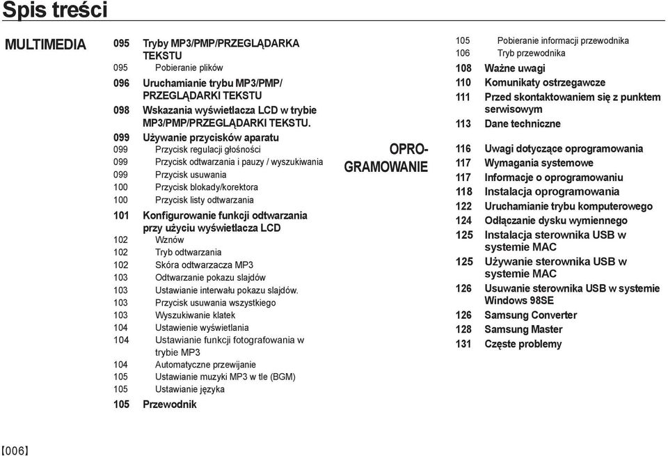 113 Dane techniczne 099 Używanie przycisków aparatu 099 Przycisk regulacji głośności OPRO- 116 Uwagi dotyczące oprogramowania 099 Przycisk odtwarzania i pauzy / wyszukiwania GRAMOWANIE 117 Wymagania