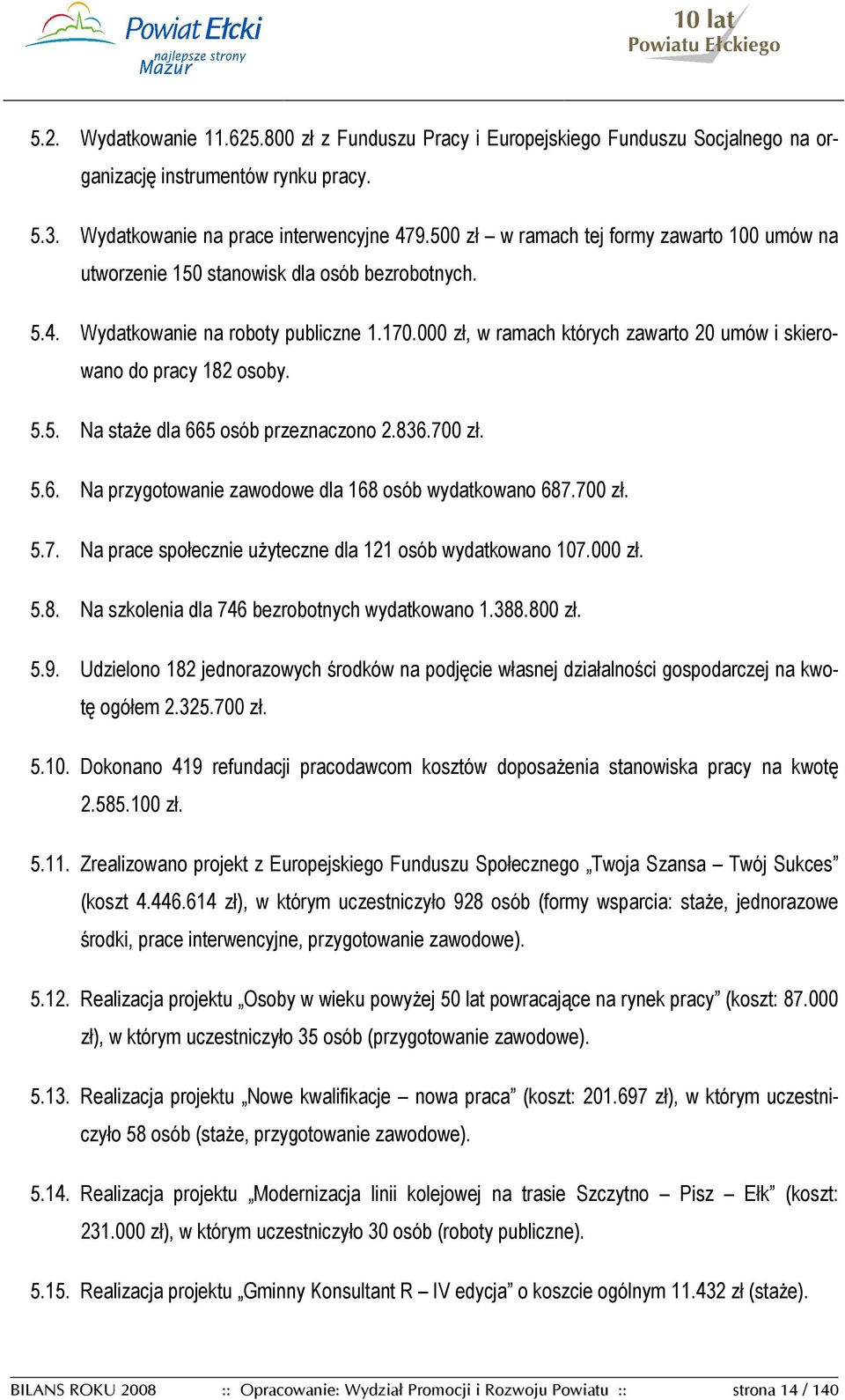 000 zł, w ramach których zawarto 20 umów i skierowano do pracy 182 osoby. 5.5. Na staŝe dla 665 osób przeznaczono 2.836.700 zł. 5.6. Na przygotowanie zawodowe dla 168 osób wydatkowano 687.700 zł. 5.7. Na prace społecznie uŝyteczne dla 121 osób wydatkowano 107.