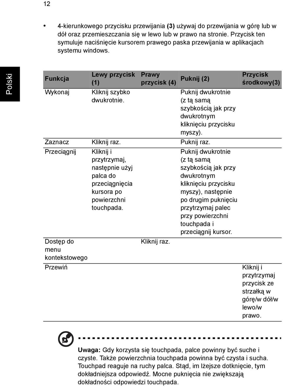 Prawy przycisk (4) Puknij (2) Puknij dwukrotnie (z tą samą szybkością jak przy dwukrotnym kliknięciu przycisku myszy). Przycisk środkowy(3) Zaznacz Kliknij raz. Puknij raz.