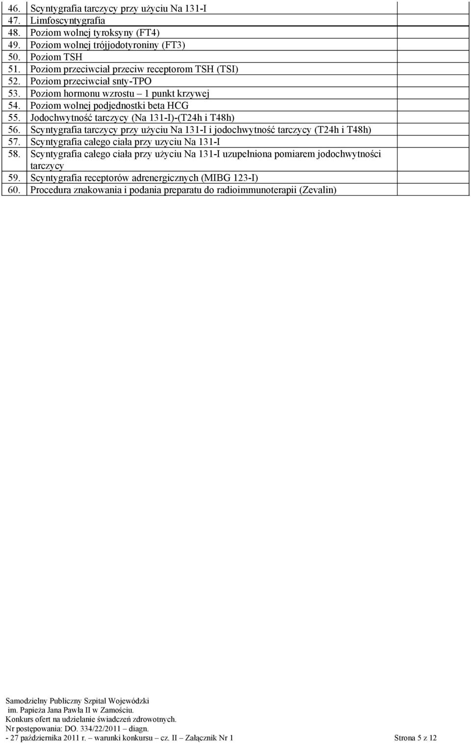 Jodochwytność tarczycy (Na 131-I)-(T24h i T48h) 56. Scyntygrafia tarczycy przy użyciu Na 131-I i jodochwytność tarczycy (T24h i T48h) 57. Scyntygrafia całego ciała przy uzyciu Na 131-I 58.