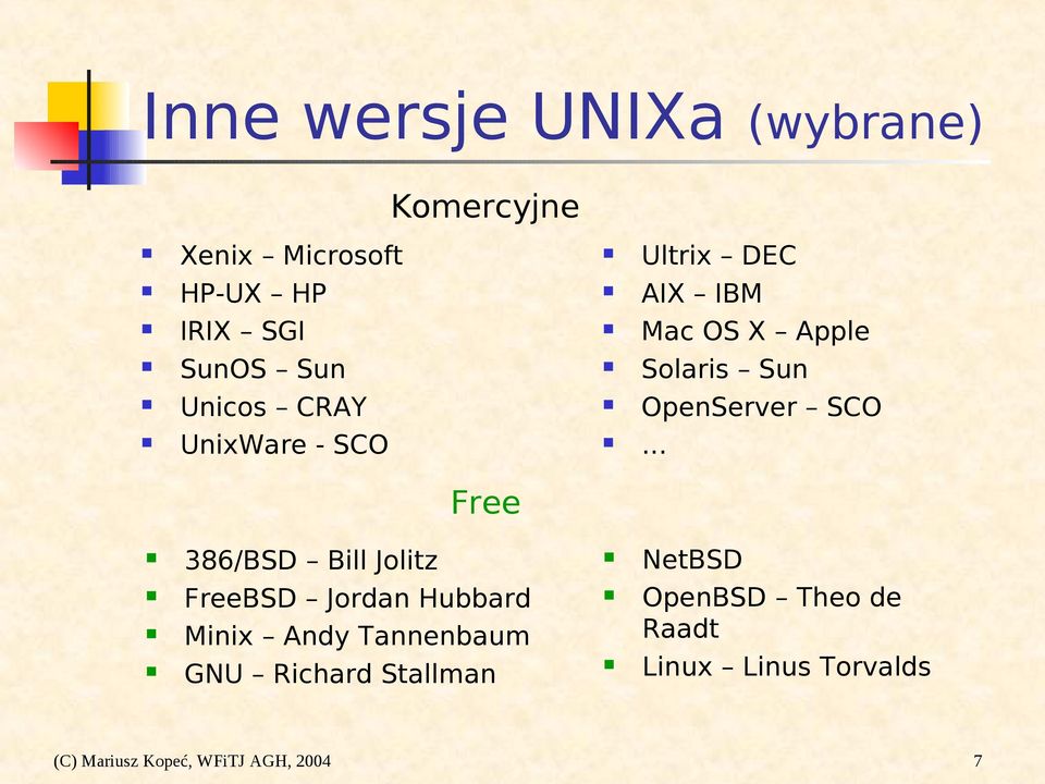 .. Ultrix DEC AIX IBM Mac OS X Apple Solaris Sun OpenServer SCO Free 386/BSD Bill