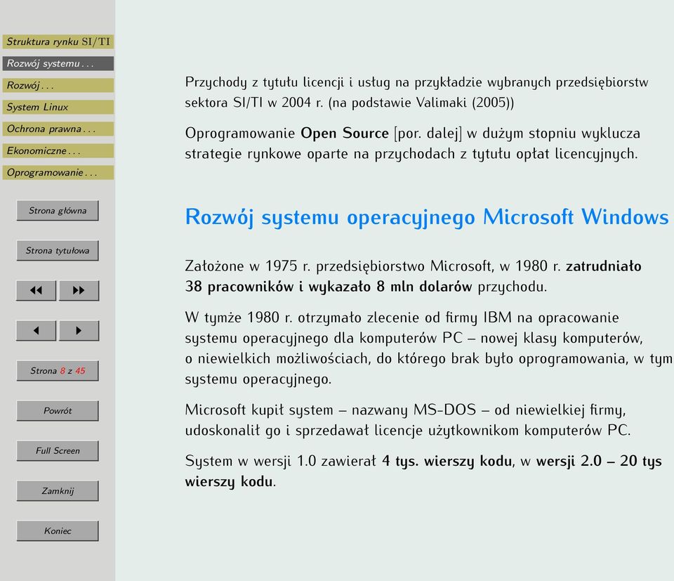 przedsiębiorstwo Microsoft, w 1980 r. zatrudniało 38 pracowników i wykazało 8 mln dolarów przychodu. W tymże 1980 r.