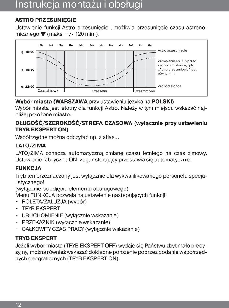 22:00 Czas zimowy Czas letni Czas zimowy Zachód słońca Wybór miasta (WARSZAWA przy ustawieniu języka na POLSKI) Wybór miasta jest istotny dla funkcji Astro.