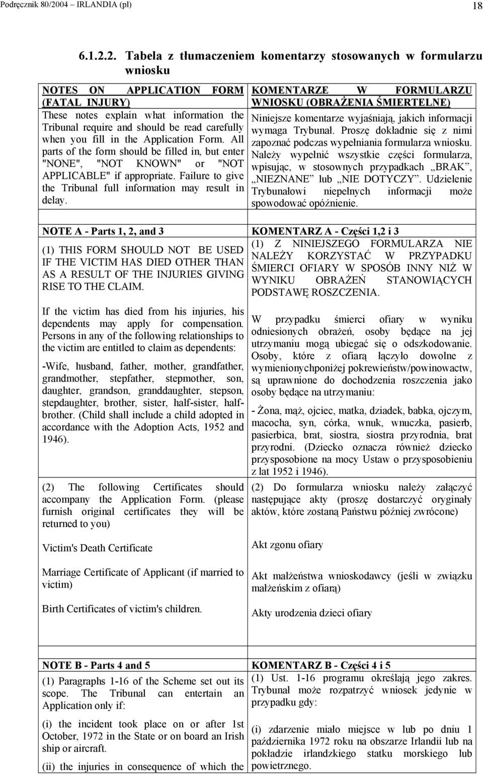 2. Tabela z tłumaczeniem komentarzy stosowanych w formularzu wniosku NOTES ON APPLICATION FORM (FATAL INJURY) These notes explain what information the Tribunal require and should be read carefully