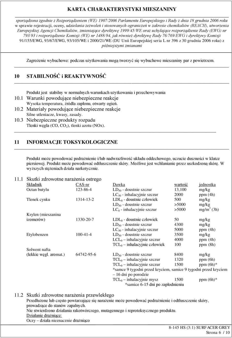 10.2 Materiały powodujące niebezpieczne reakcje Silne utleniacze, kwasy, zasady. 10.3 Niebezpieczne produkty rozpadu Tlenki węgla (CO, CO 2 ), tlenki azotu (NOx).