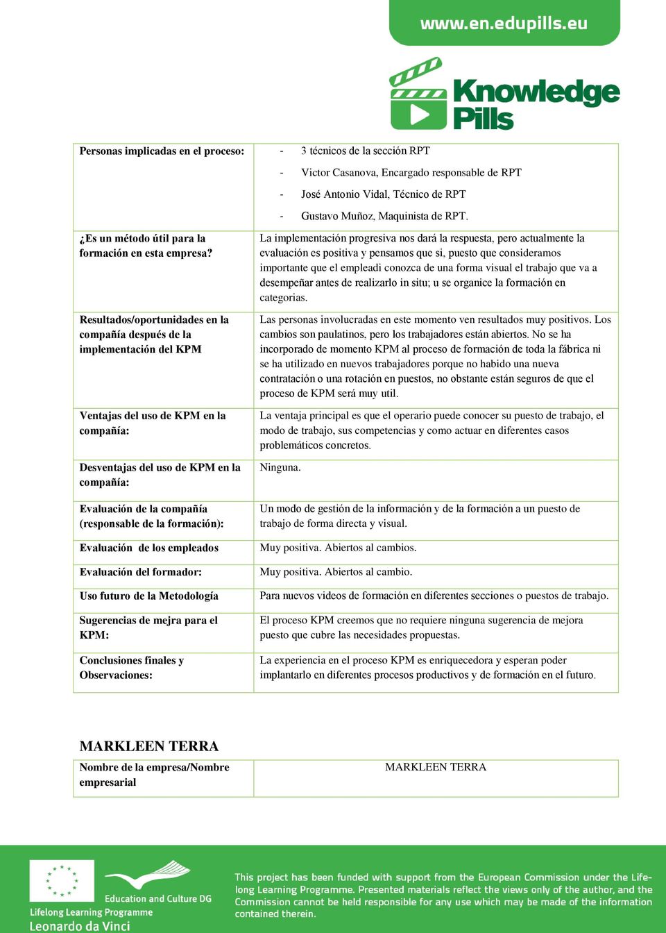 Resultados/oportunidades en la compañía después de la implementación del KPM Ventajas del uso de KPM en la compañía: Desventajas del uso de KPM en la compañía: Evaluación de la compañía (responsable