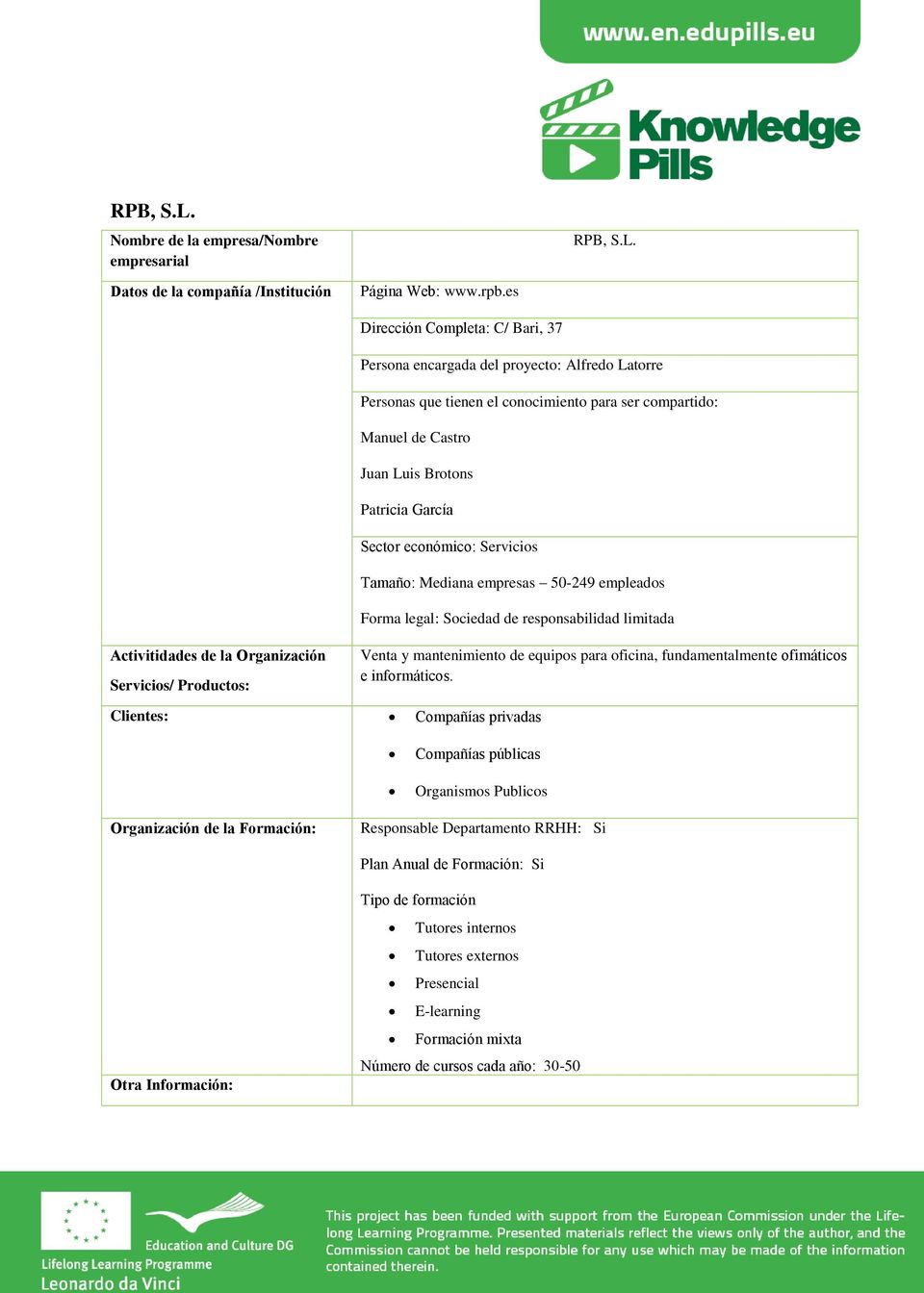 económico: Servicios Tamaño: Mediana empresas 50-249 empleados Forma legal: Sociedad de responsabilidad limitada Activitidades de la Organización Servicios/ Productos: Venta y mantenimiento de