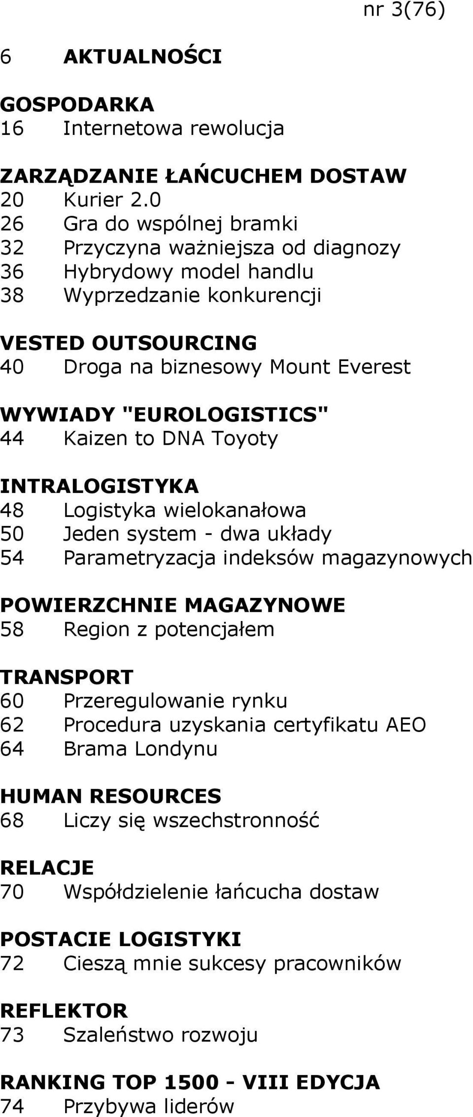 WYWIADY "EUROLOGISTICS" 44 Kaizen to DNA Toyoty INTRALOGISTYKA 48 Logistyka wielokanałowa 50 Jeden system - dwa układy 54 Parametryzacja indeksów magazynowych POWIERZCHNIE