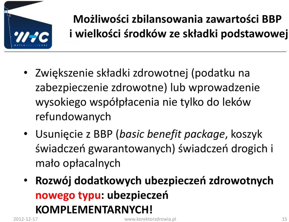 Usunięcie z BBP (basic benefit package, koszyk świadczeń gwarantowanych) świadczeń drogich i mało opłacalnych