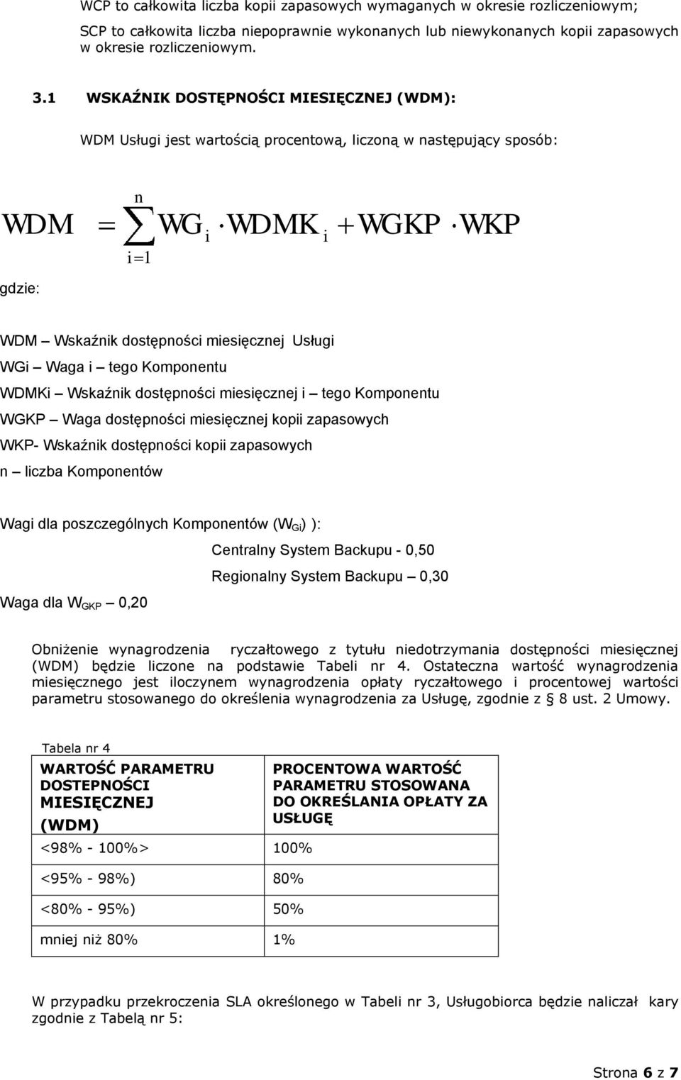 Komponentu WDMK Wskaźnk dostępnośc mesęcznej tego Komponentu WGKP Waga dostępnośc mesęcznej kop zapasowych WKP- Wskaźnk dostępnośc kop zapasowych n lczba Komponentów Wag dla poszczególnych