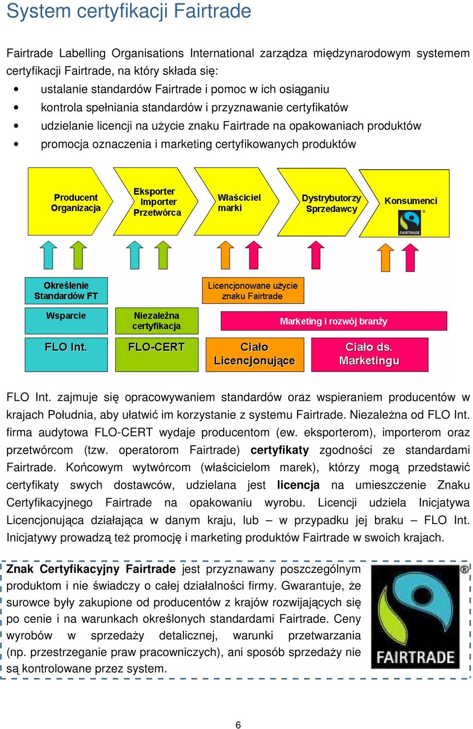 produktów FLO Int. zajmuje się opracowywaniem standardów oraz wspieraniem producentów w krajach Południa, aby ułatwić im korzystanie z systemu Fairtrade. NiezaleŜna od FLO Int.