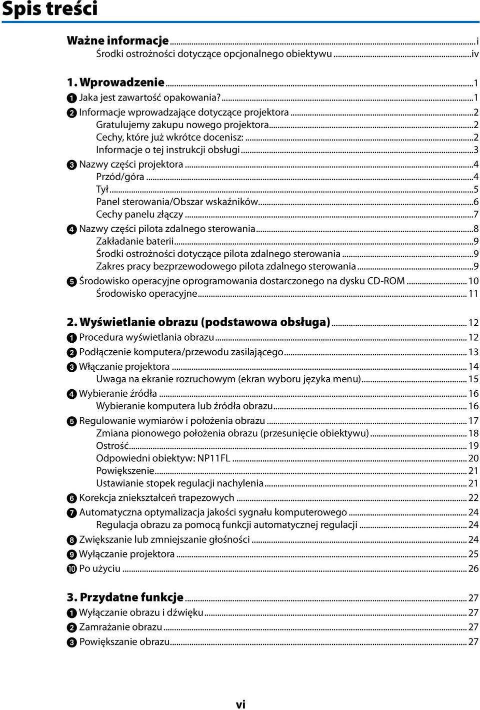 ..5 Panel sterowania/obszar wskaźników...6 Cechy panelu złączy...7 Nazwy części pilota zdalnego sterowania...8 Zakładanie baterii...9 Środki ostrożności dotyczące pilota zdalnego sterowania.