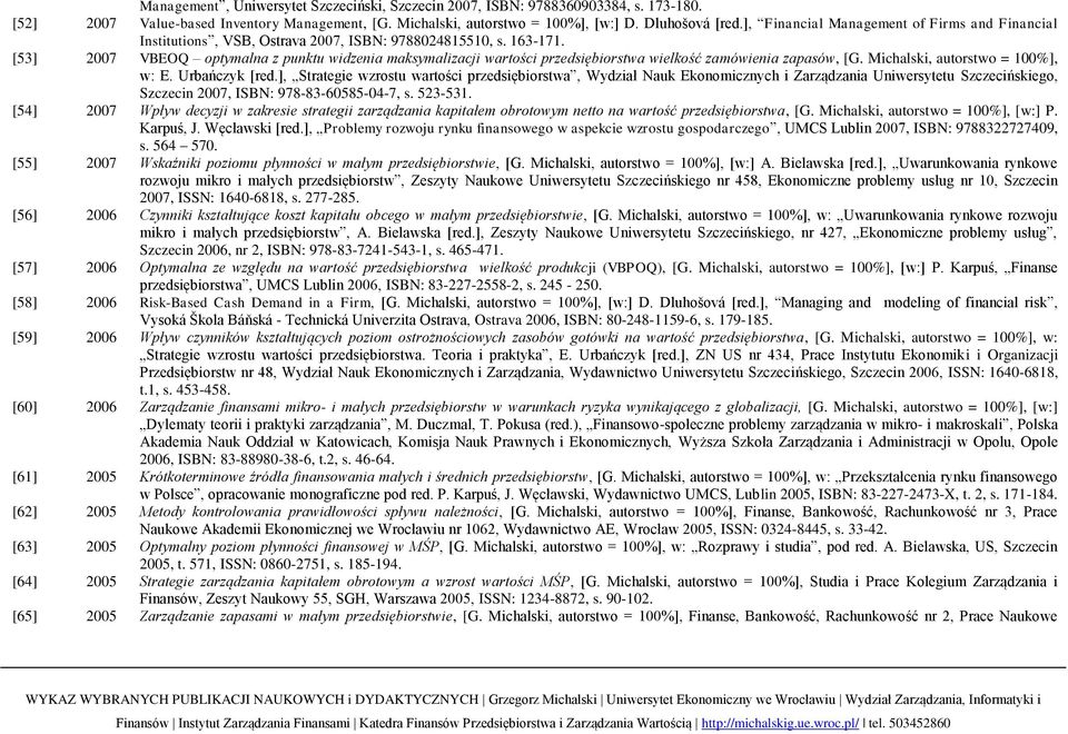 [53] 2007 VBEOQ optymalna z punktu widzenia maksymalizacji wartości przedsiębiorstwa wielkość zamówienia zapasów, [G. Michalski, autorstwo = 100%], w: E. Urbańczyk [red.