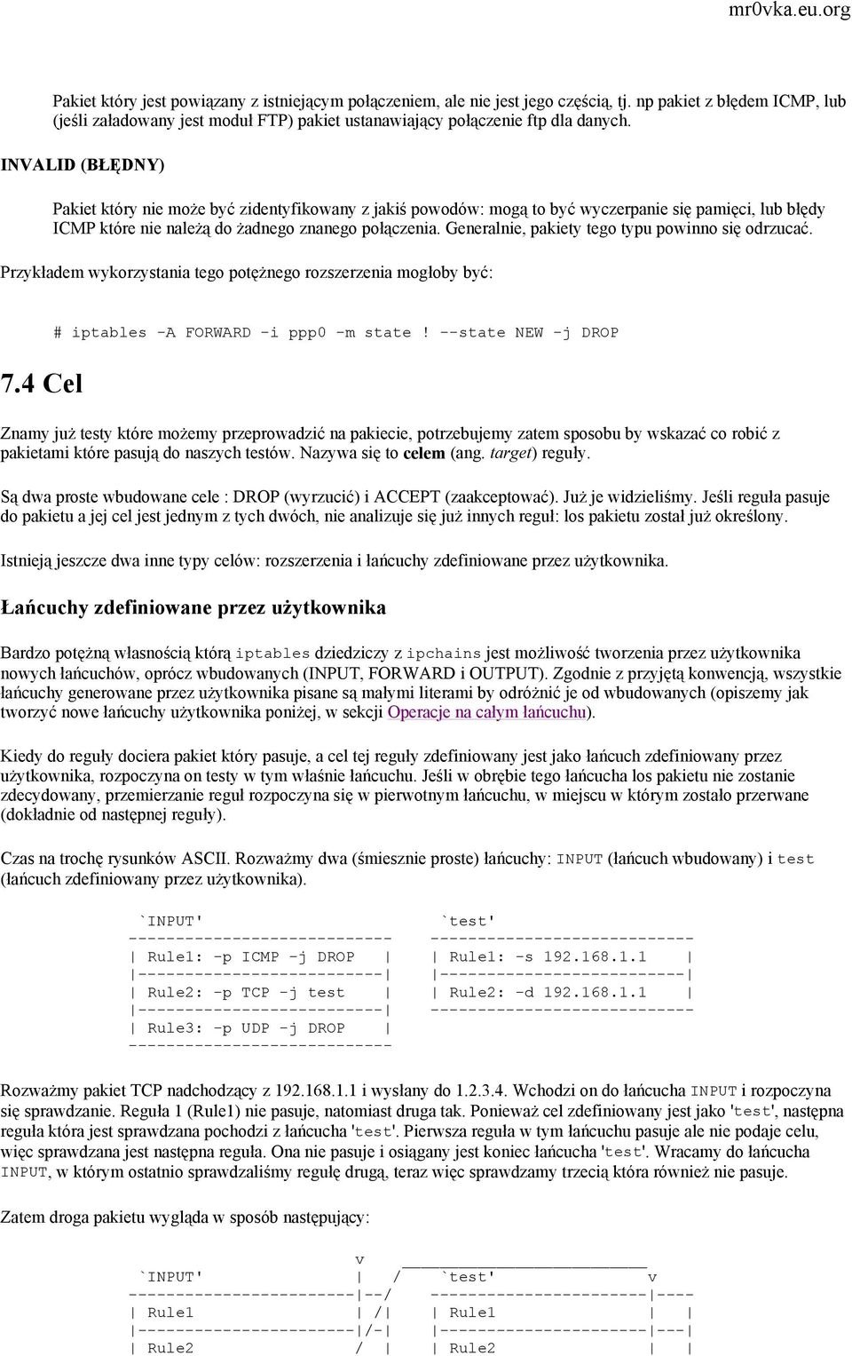 Generalnie, pakiety tego typu powinno się odrzucać. Przykładem wykorzystania tego potężnego rozszerzenia mogłoby być: 7.4 Cel iptables -A FORWARD -i ppp0 -m state!